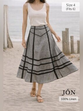 JÔN Linen A-Line Skirt Gray Black Trim Midi Flowy Women Size 4/6 summer trip fun